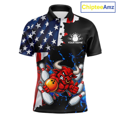 Funny Bull Bowling Shirts For Men Custom US Flag Patriotic Team Bowling Jerseys Uniforms TDM7504