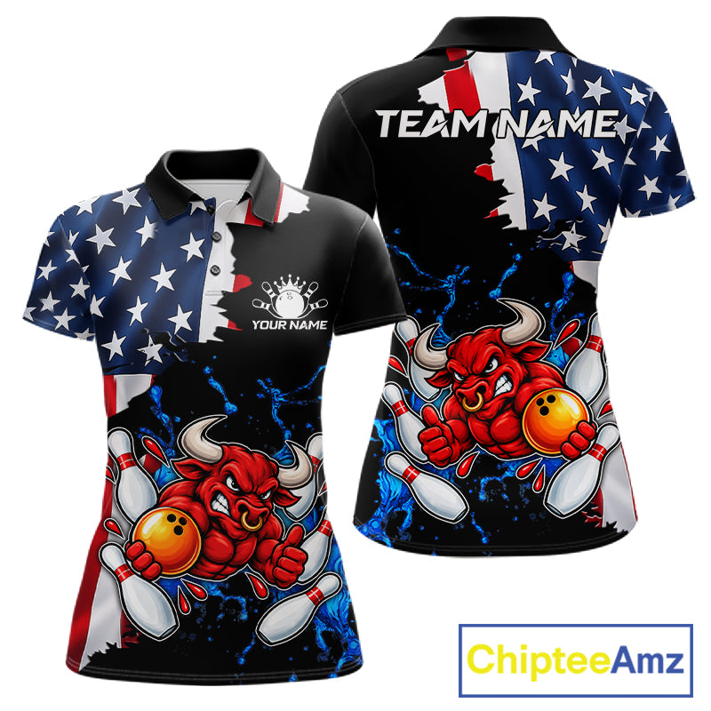 Funny Bull Bowling Shirts For Women Custom US Flag Patriotic Team Bowling Jerseys Uniforms TDM7504