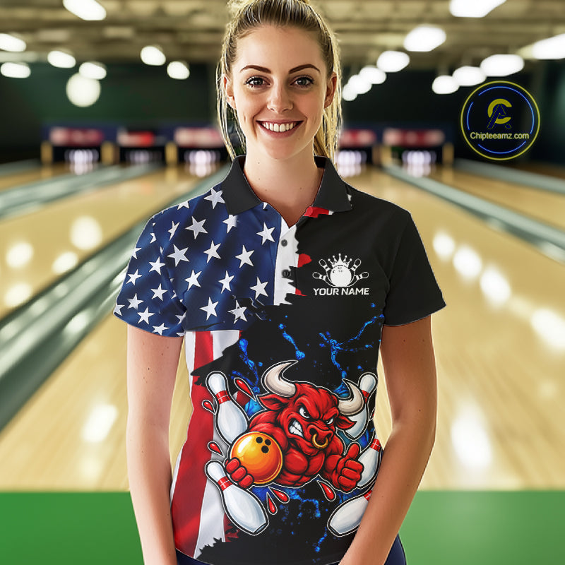 Funny Bull Bowling Shirts For Women Custom US Flag Patriotic Team Bowling Jerseys Uniforms TDM7504
