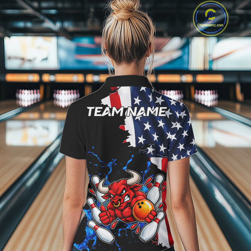 Funny Bull Bowling Shirts For Women Custom US Flag Patriotic Team Bowling Jerseys Uniforms TDM7504