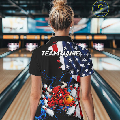Funny Bull Bowling Shirts For Women Custom US Flag Patriotic Team Bowling Jerseys Uniforms TDM7504