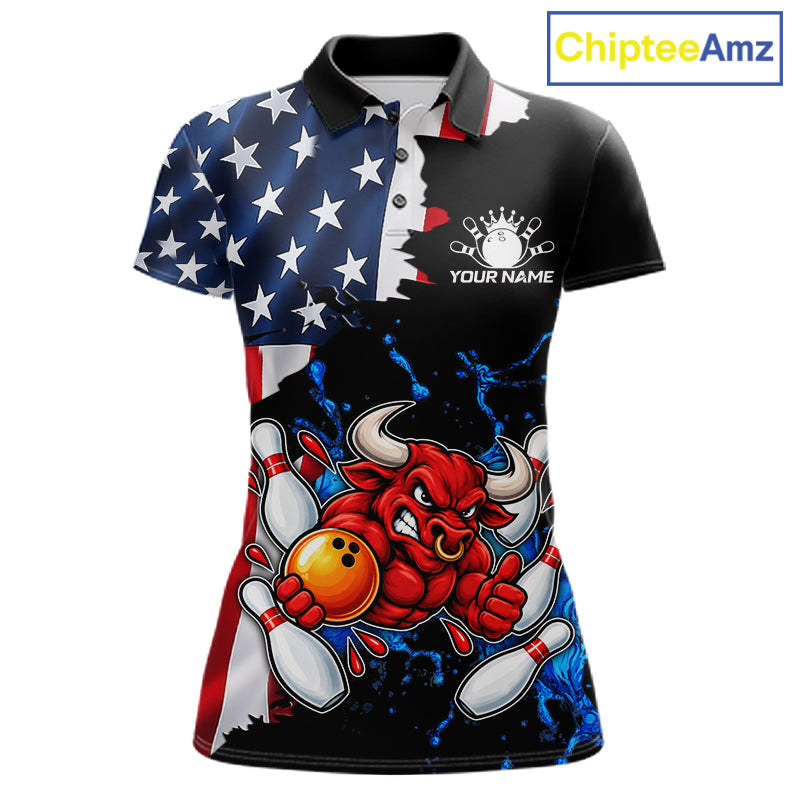 Funny Bull Bowling Shirts For Women Custom US Flag Patriotic Team Bowling Jerseys Uniforms TDM7504