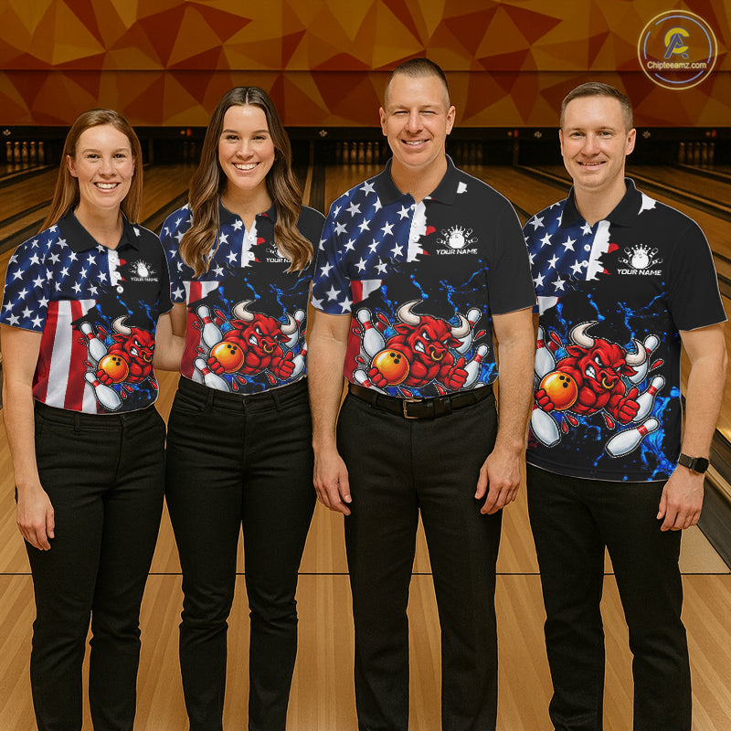 Funny Bull Bowling Shirts For Men Custom US Flag Patriotic Team Bowling Jerseys Uniforms TDM7504