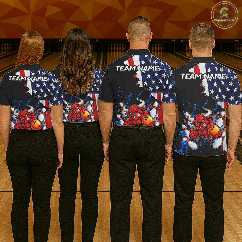 Funny Bull Bowling Shirts For Men Custom US Flag Patriotic Team Bowling Jerseys Uniforms TDM7504