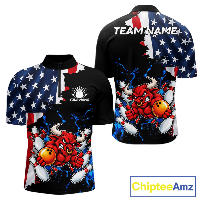 Funny Bull Bowling Shirts For Men Custom US Flag Patriotic Team Bowling Jerseys Uniforms TDM7504
