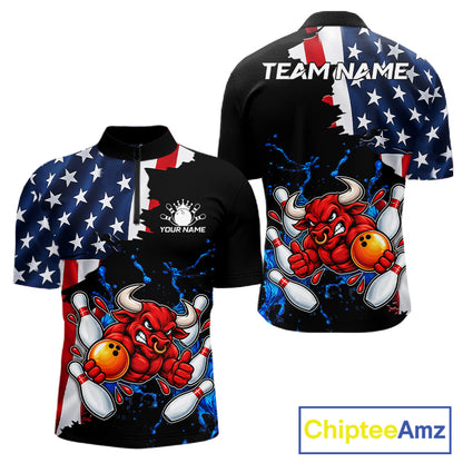 Funny Bull Bowling Shirts For Men Custom US Flag Patriotic Team Bowling Jerseys Uniforms TDM7504