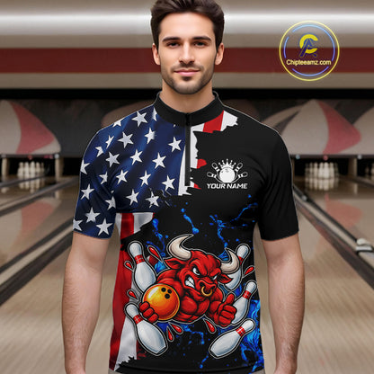 Funny Bull Bowling Shirts For Men Custom US Flag Patriotic Team Bowling Jerseys Uniforms TDM7504