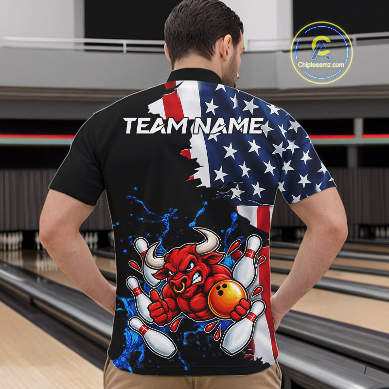 Funny Bull Bowling Shirts For Men Custom US Flag Patriotic Team Bowling Jerseys Uniforms TDM7504
