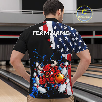 Funny Bull Bowling Shirts For Men Custom US Flag Patriotic Team Bowling Jerseys Uniforms TDM7504