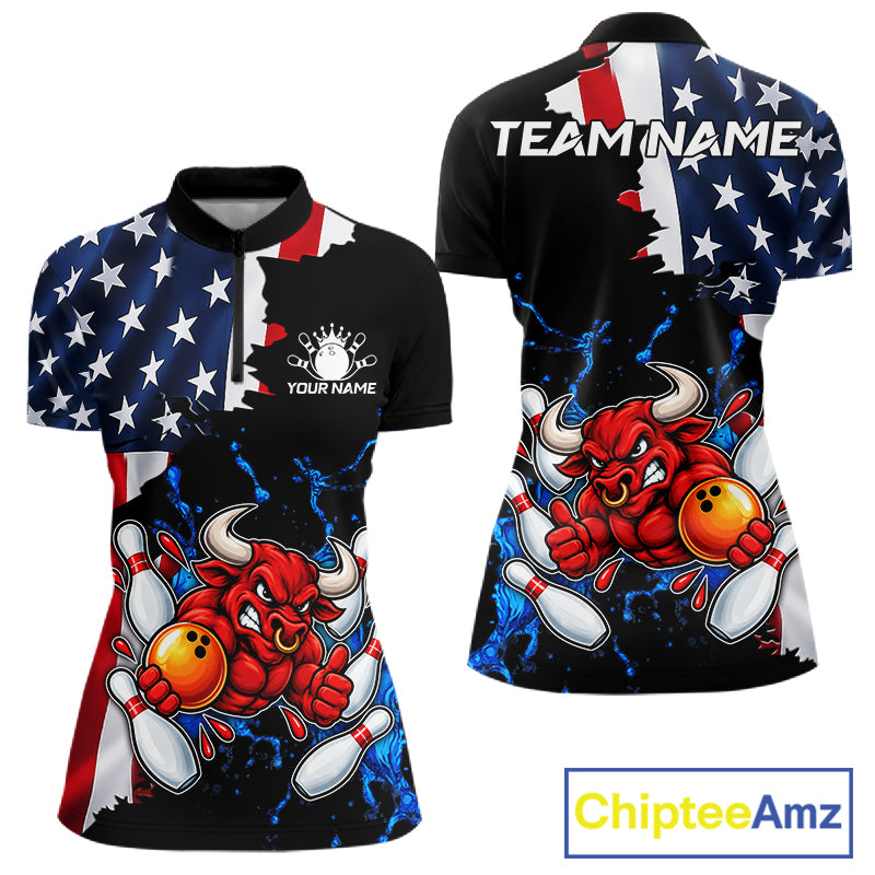 Funny Bull Bowling Shirts For Women Custom US Flag Patriotic Team Bowling Jerseys Uniforms TDM7504