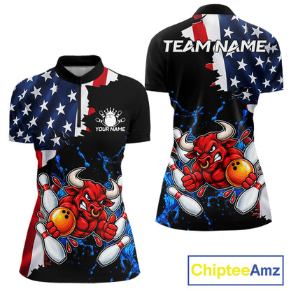 Funny Bull Bowling Shirts For Women Custom US Flag Patriotic Team Bowling Jerseys Uniforms TDM7504
