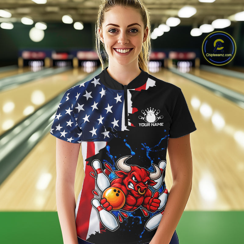 Funny Bull Bowling Shirts For Women Custom US Flag Patriotic Team Bowling Jerseys Uniforms TDM7504