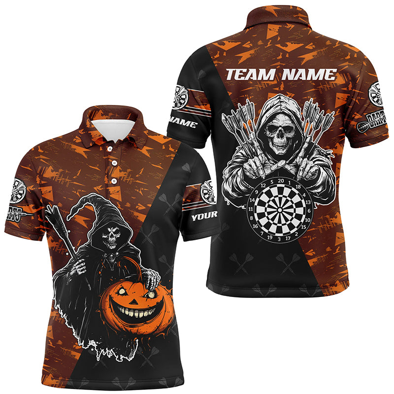 Personalized Orange Abstract Death Skeleton Halloween Darts Shirts For Men, Scary Darts Jerseys TDM2736