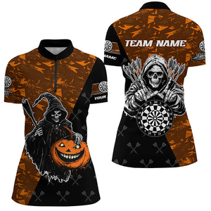 Personalized Orange Abstract Death Skeleton Halloween Darts Shirts For Women, Scary Darts Jerseys TDM2736