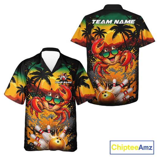 Funny Crab Sunset Tropical Bowling Hawaiian Jersey For Men And Women Custom Bowling Team Shirts TDM7864