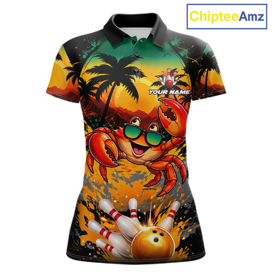 Funny Crab Sunset Tropical Bowling Jersey For Women Custom Bowling Team Shirts Polo & 1/4 Zip TDM7864