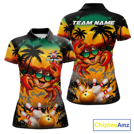 Funny Crab Sunset Tropical Bowling Jersey For Women Custom Bowling Team Shirts Polo & 1/4 Zip TDM7864