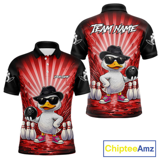 Red Funny Duck Bowling Jersey For Men Custom Graffiti Bowling Shirt Team Polo & 1/4 Zip Shirt TDM7865