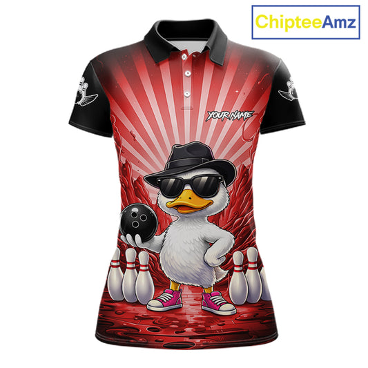 Red Funny Duck Bowling Jersey For Women Custom Graffiti Bowling Shirt Team Polo & 1/4 Zip Shirt TDM7865
