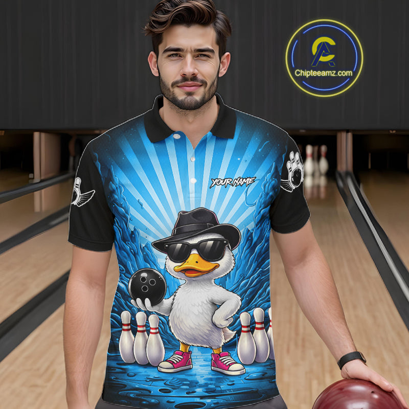Blue Funny Duck Bowling Jersey For Men Custom Graffiti Bowling Shirt Team Polo & 1/4 Zip Shirt TDM7866