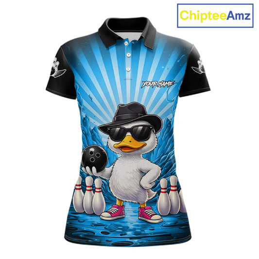Blue Funny Duck Bowling Jersey For Women Custom Graffiti Bowling Shirt Team Polo & 1/4 Zip Shirt TDM7866