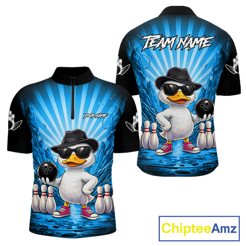 Blue Funny Duck Bowling Jersey For Men Custom Graffiti Bowling Shirt Team Polo & 1/4 Zip Shirt TDM7866