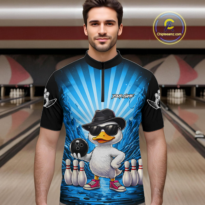 Blue Funny Duck Bowling Jersey For Men Custom Graffiti Bowling Shirt Team Polo & 1/4 Zip Shirt TDM7866