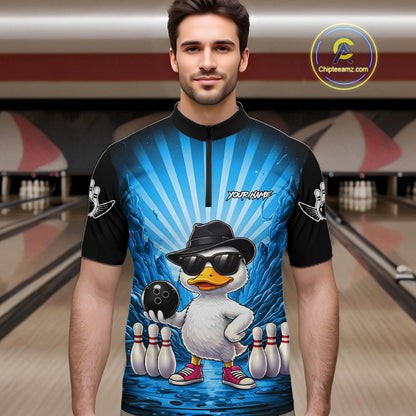 Blue Funny Duck Bowling Jersey For Men Custom Graffiti Bowling Shirt Team Polo & 1/4 Zip Shirt TDM7866