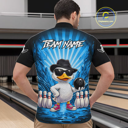 Blue Funny Duck Bowling Jersey For Men Custom Graffiti Bowling Shirt Team Polo & 1/4 Zip Shirt TDM7866