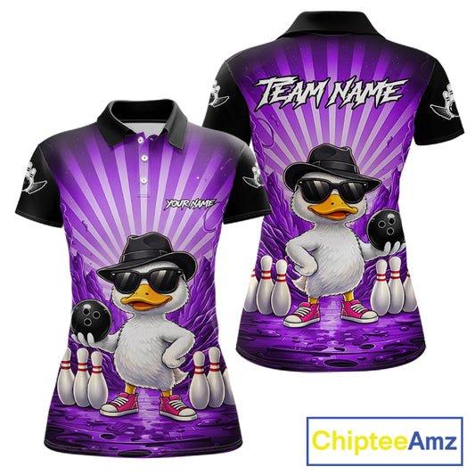 Purple Funny Duck Bowling Jersey For Women Custom Graffiti Bowling Shirt Team Polo & 1/4 Zip Shirt TDM7867