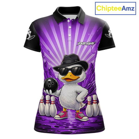 Purple Funny Duck Bowling Jersey For Women Custom Graffiti Bowling Shirt Team Polo & 1/4 Zip Shirt TDM7867