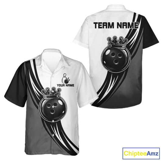 Black, White And Grey Crown Bowling Hawaiian Shirt For Custom Bowling Team Button Up Jersey TDM7872