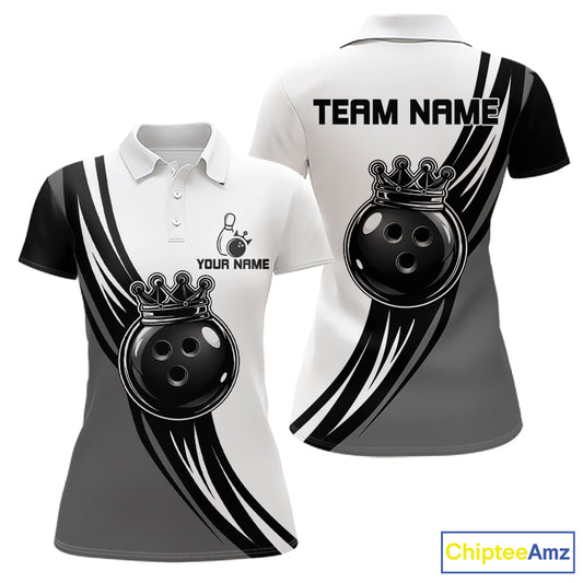 Black, White And Grey Crown Bowling Shirts For Women Custom Bowling Team Jersey Polo & 1/4 Zip TDM7872