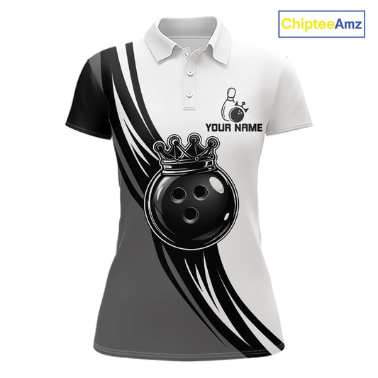 Black, White And Grey Crown Bowling Shirts For Women Custom Bowling Team Jersey Polo & 1/4 Zip TDM7872