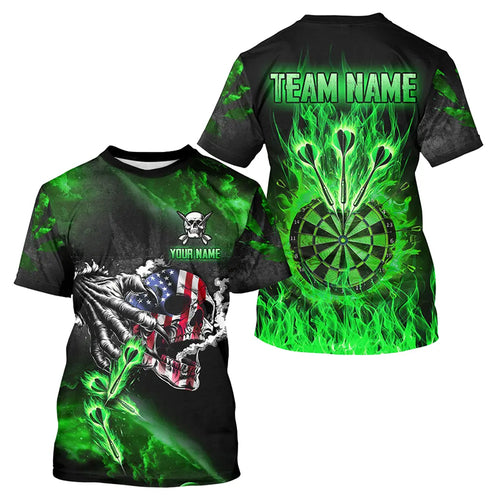 Fire Flame Dartboard American Flag Skull Darts T Shirt For Men Custom Darts Team Jersey |Green TDM2981