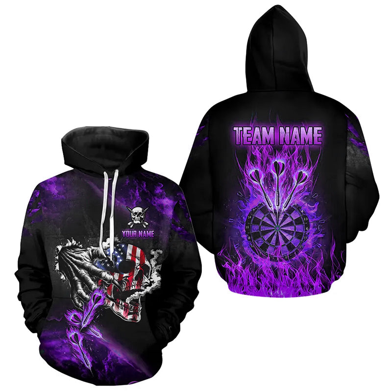 Fire Flame Dartboard American Flag Skull Darts Hoodie For Men Women Custom Darts Team Jersey |Purple TDM2982