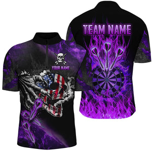 Fire Flame Darts Board American Flag Skull Dart Shirts For Men Custom Darts Team Jerseys |Purple TDM2982