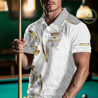 White And Gold Crown 8 Ball Men's Billiards Shirts Custom Billiard Jersey Team Polo & 1/4 Zip TDM5211