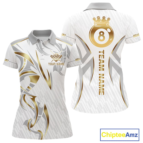White And Gold Crown 8 Ball Women's Billiards Shirts Custom Billiard Jersey Team Polo & 1/4 Zip TDM5211
