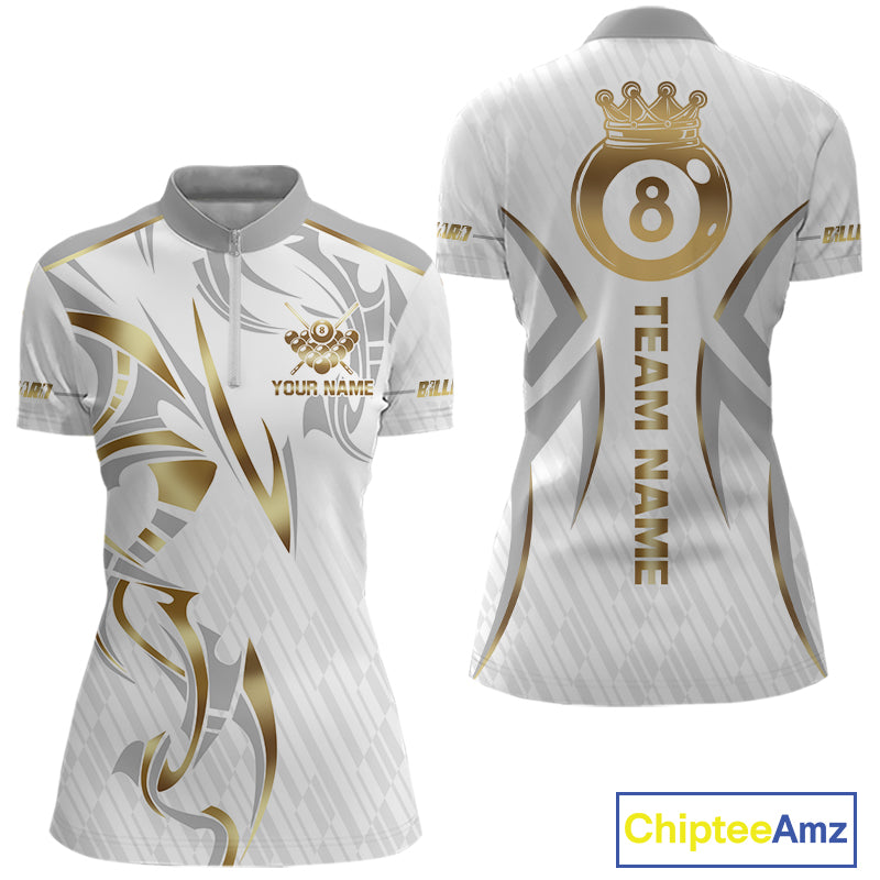 White And Gold Crown 8 Ball Women's Billiards Shirts Custom Billiard Jersey Team Polo & 1/4 Zip TDM5211
