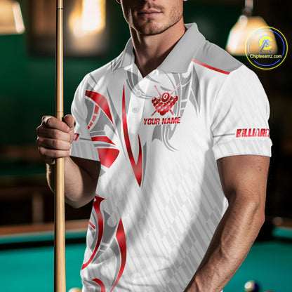 White And Red Crown 8 Ball Men's Billiards Shirts Custom Billiard Jersey Team Polo & 1/4 Zip TDM5212