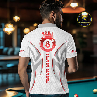 White And Red Crown 8 Ball Men's Billiards Shirts Custom Billiard Jersey Team Polo & 1/4 Zip TDM5212