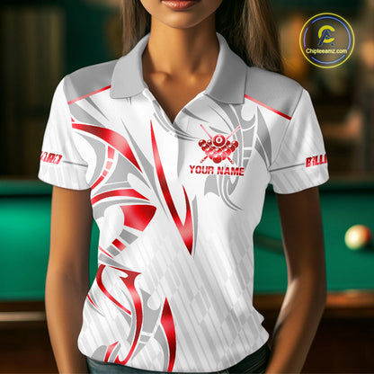 White And Red Crown 8 Ball Women's Billiards Shirts Custom Billiard Jersey Team Polo & 1/4 Zip TDM5212