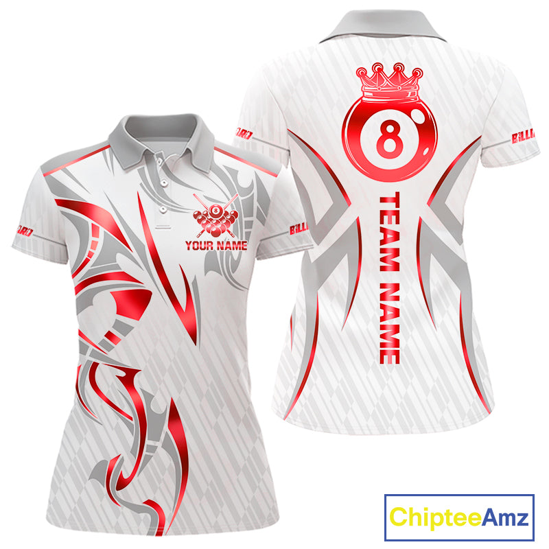 White And Red Crown 8 Ball Women's Billiards Shirts Custom Billiard Jersey Team Polo & 1/4 Zip TDM5212