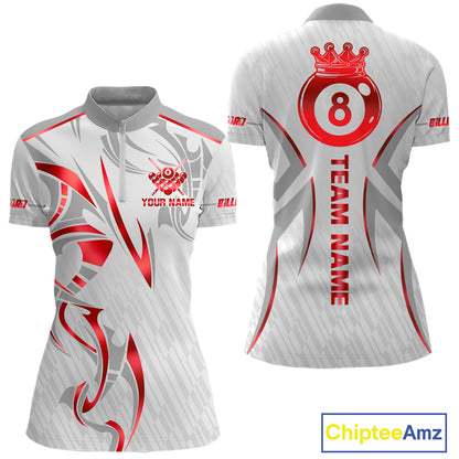 White And Red Crown 8 Ball Women's Billiards Shirts Custom Billiard Jersey Team Polo & 1/4 Zip TDM5212
