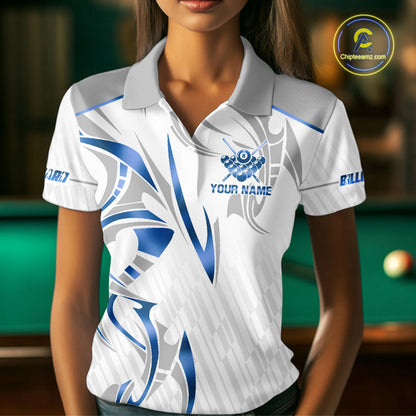 White And Blue Crown 8 Ball Women's Billiards Shirts Custom Billiard Jersey Team Polo & 1/4 Zip TDM5213