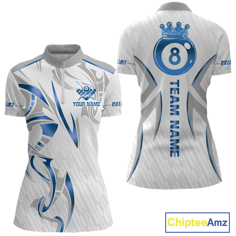 White And Blue Crown 8 Ball Women's Billiards Shirts Custom Billiard Jersey Team Polo & 1/4 Zip TDM5213