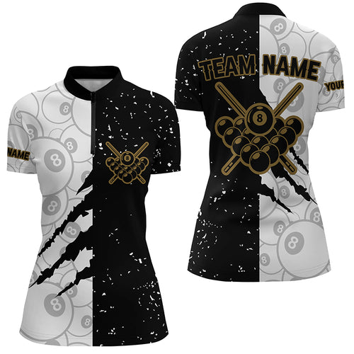 Custom Grunge Black White 8 Ball Pool Billiard Women Quarter-Zip Shirts, Billiard Apparel  TDM0730