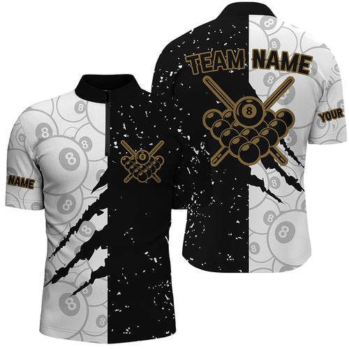 Custom Grunge Black White 8 Ball Pool Billiard Men Quarter-Zip Shirts, Billiard Apparel  TDM0730