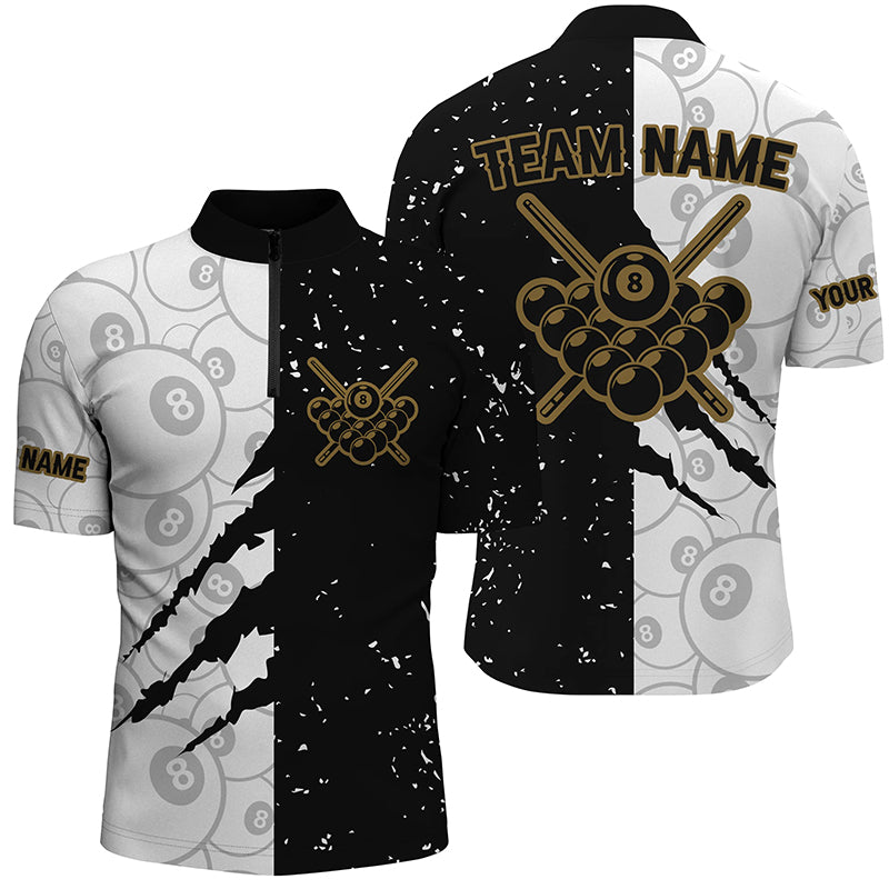 Custom Grunge Black White 8 Ball Pool Billiard Men Quarter-Zip Shirts, Billiard Apparel  TDM0730
